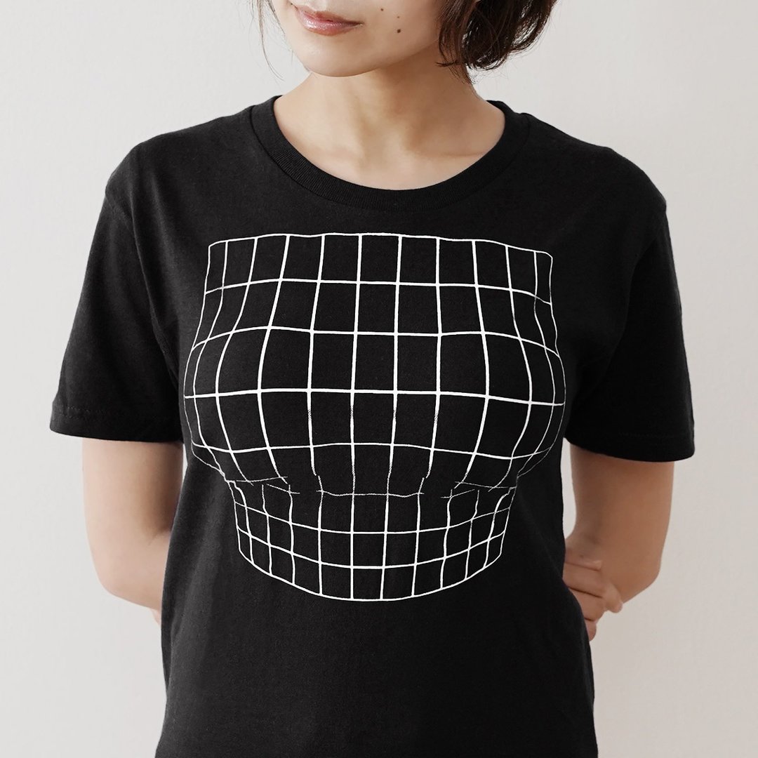 Mousou Mapping T-shirt/ Illusion grid/ Black - 女装 T 恤 - 棉 黑色