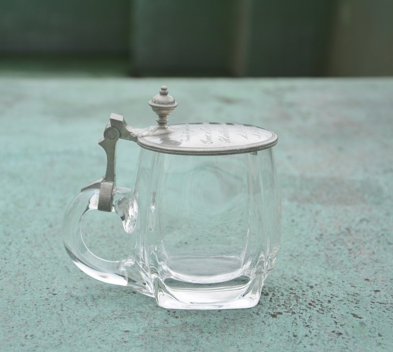 1912年德国旧货 古董掀盖式玻璃啤酒杯 - 咖啡杯/马克杯 - 玻璃 白色