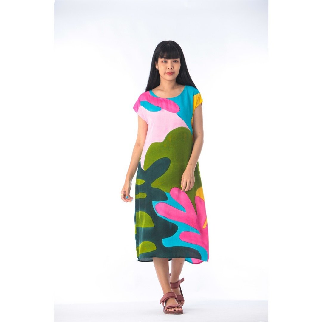 Long Dress Cotton Rayon Hand Paint - 洋装/连衣裙 - 棉 绿色