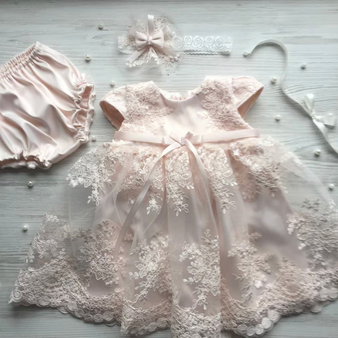 Light pink dress with lace and pearls, panties and headband for baby girl. - 童装礼服/连衣裙 - 其他材质 