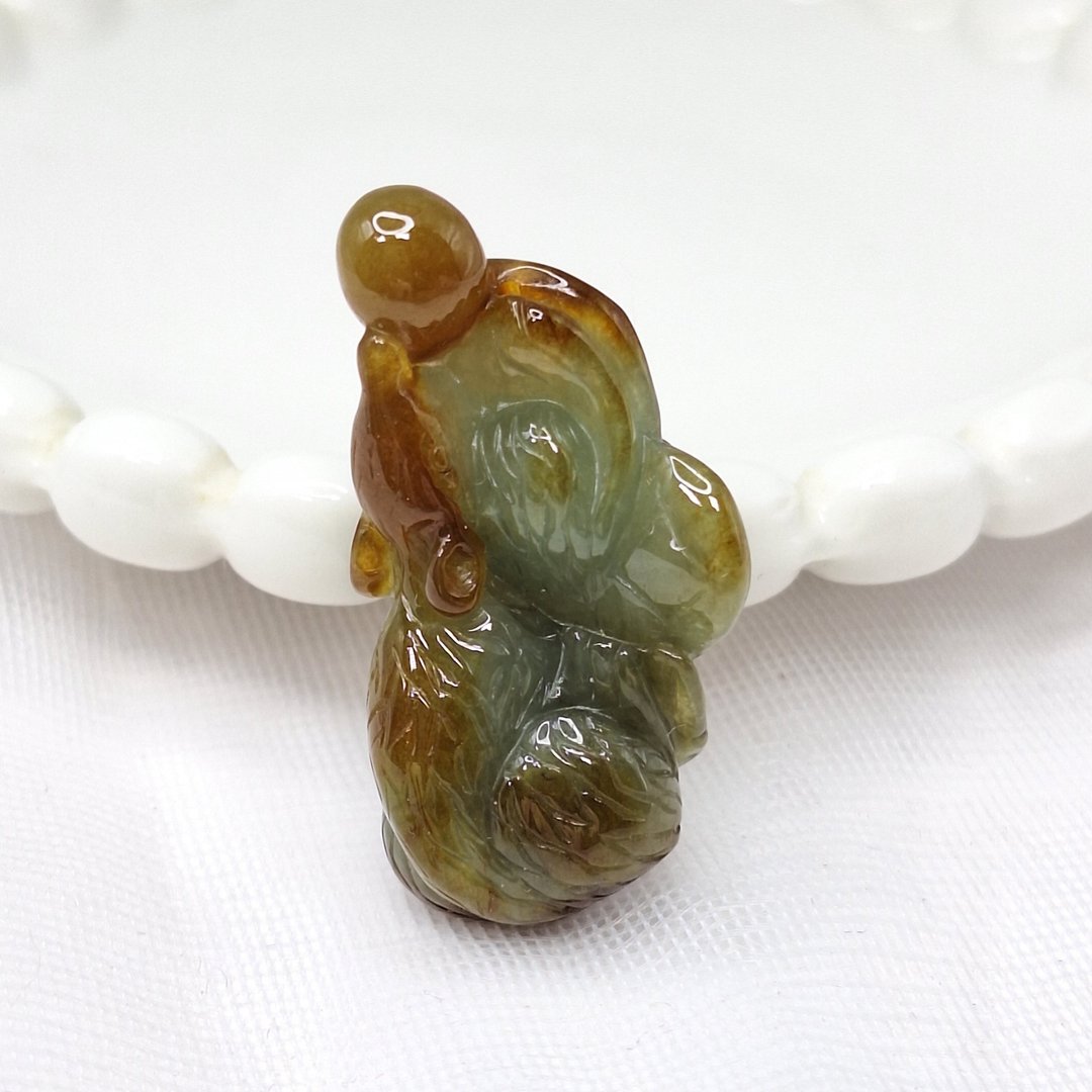 细糯绿底带红翡手工雕刻鼠带钱币吊坠 |天然缅甸玉A货翡翠 - 项链 - 玉石 