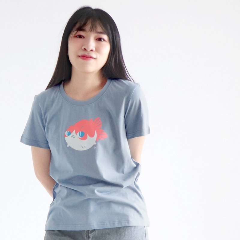 baby fishcat - Tisha 金鱼喵 中性短袖tshirt-雾蓝 只有M size - 女装 T 恤 - 棉．麻 蓝色