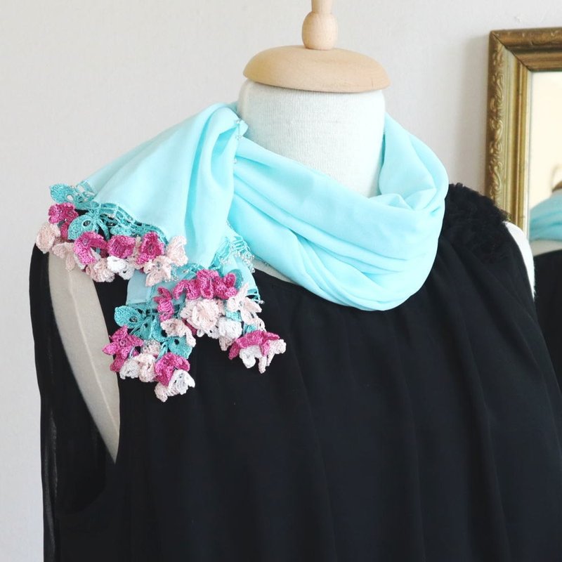 蕾丝花饰 雪纺披肩【风之花】水蓝薄荷绿 - 丝巾 - 其他人造纤维 绿色