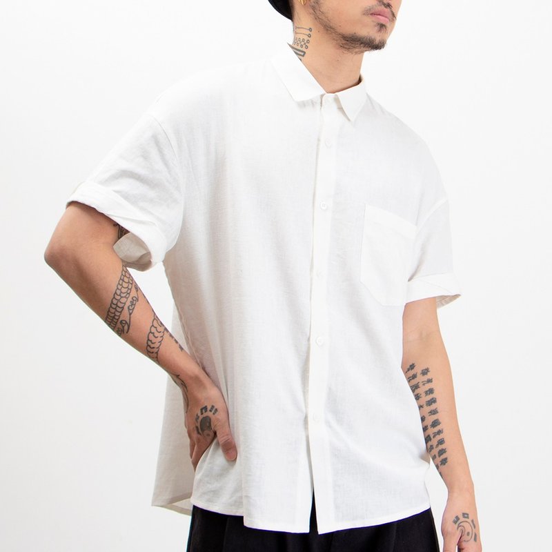 日系休閒復古連袖水洗亞麻寬鬆短袖白襯衫 - 男装衬衫 - 棉．麻 白色