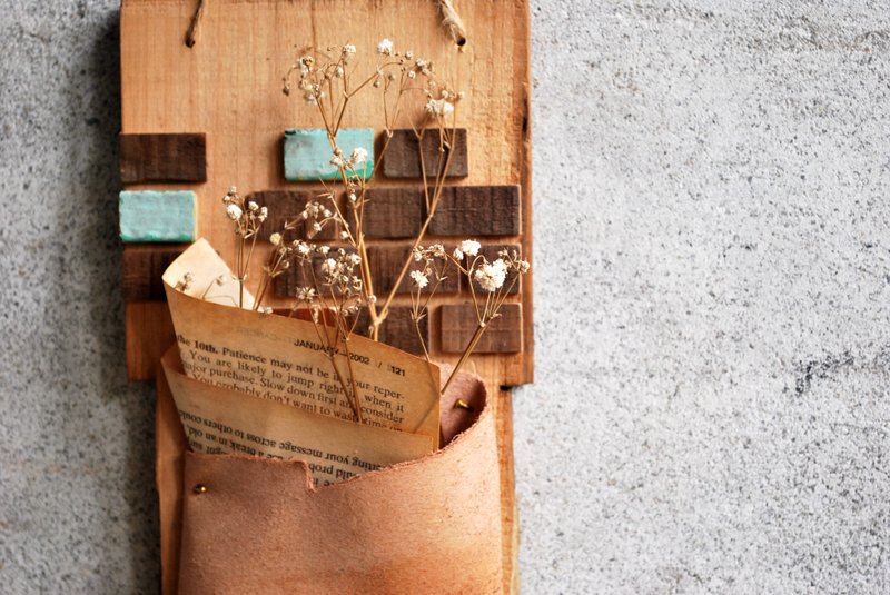 干燥花花器、钥匙架、旧木壁饰 - 摆饰 - 木头 橘色