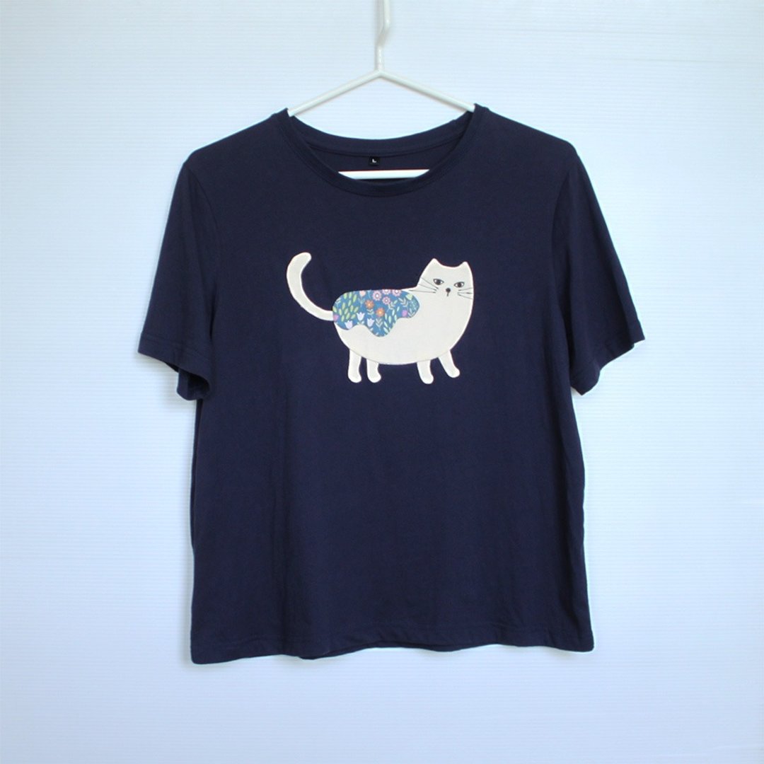 拼布猫咪微宽松短版短袖T-shirtNo.3 - 女装 T 恤 - 棉 蓝色