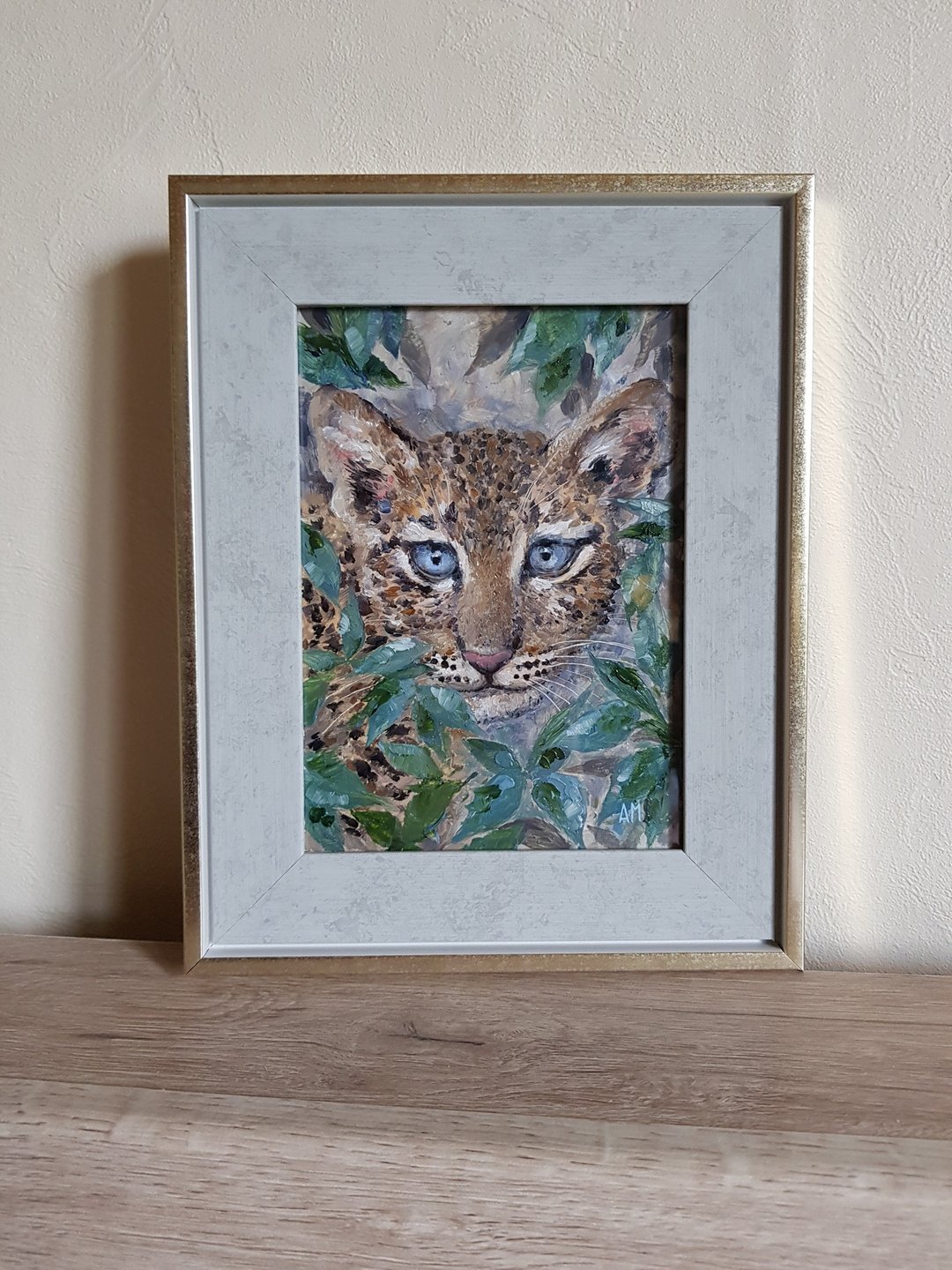 Small original cute animal leopard artwork hand painted oil painting framed - 墙贴/壁贴 - 其他材质 