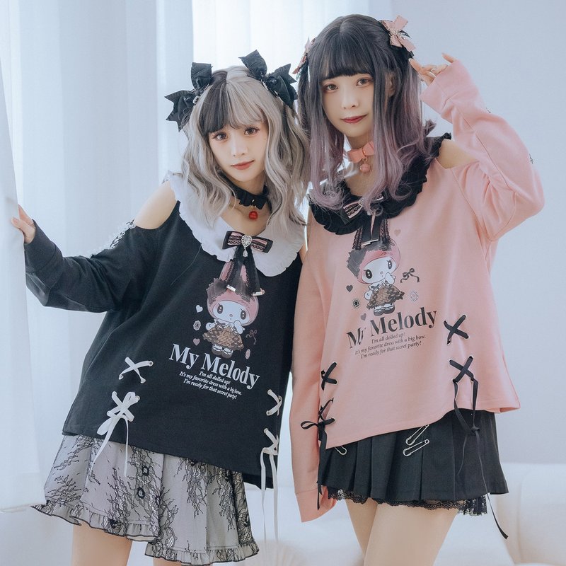 原创三丽鸥SANRIO授权美乐蒂蕾丝领结量产型长袖露肩水手服JJ5049 - 女装 T 恤 - 棉．麻 