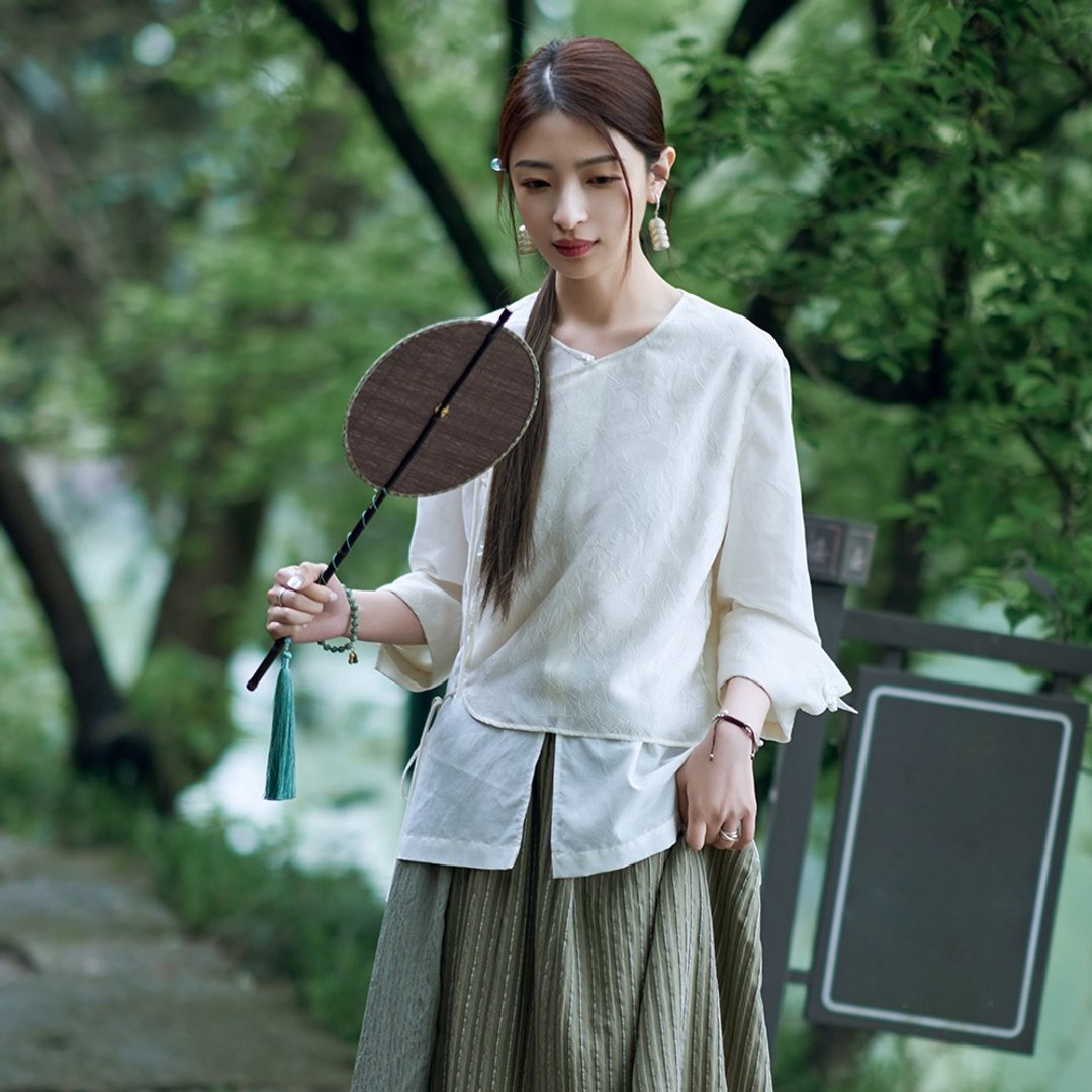 假两件七分袖中式衬衫|衬衫|春夏款|Sora-1482 - 女装衬衫 - 丝．绢 白色