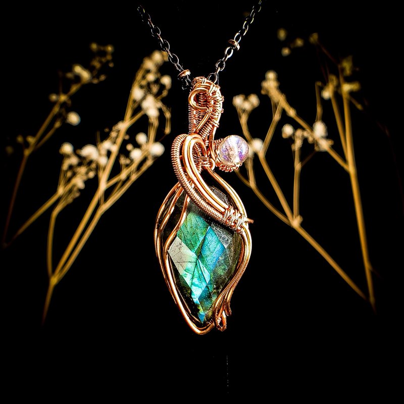 无尽回圈【闪耀双子】设计款  钻切天然石蓝绿晕拉长石金 - 项链 - 水晶 绿色