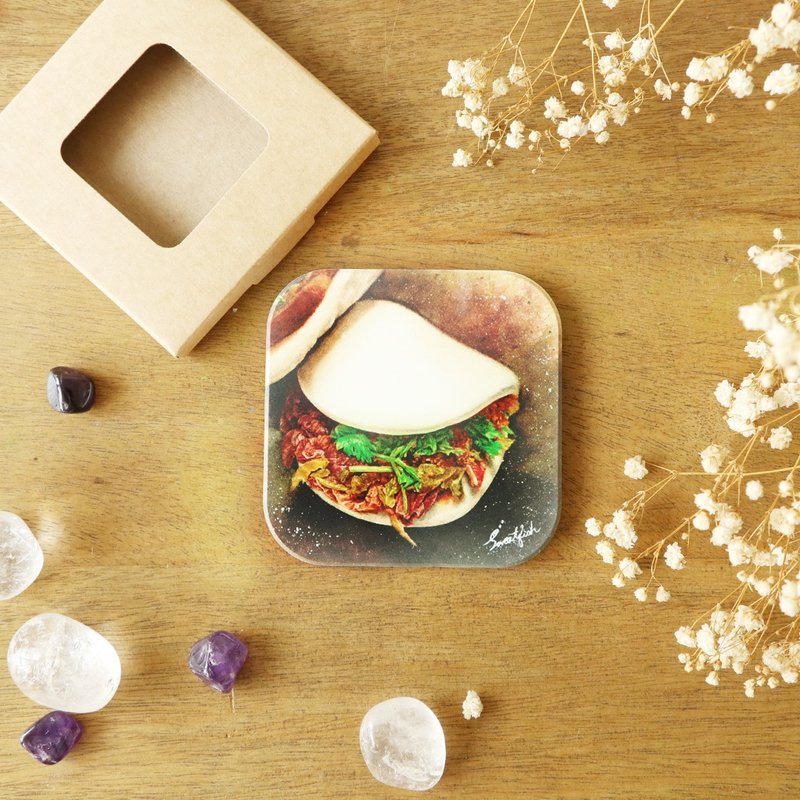 【刈包】手绘美食杯垫/莺歌陶瓷吸水杯垫/陶瓷杯垫/方形杯垫 - 杯垫 - 陶 咖啡色