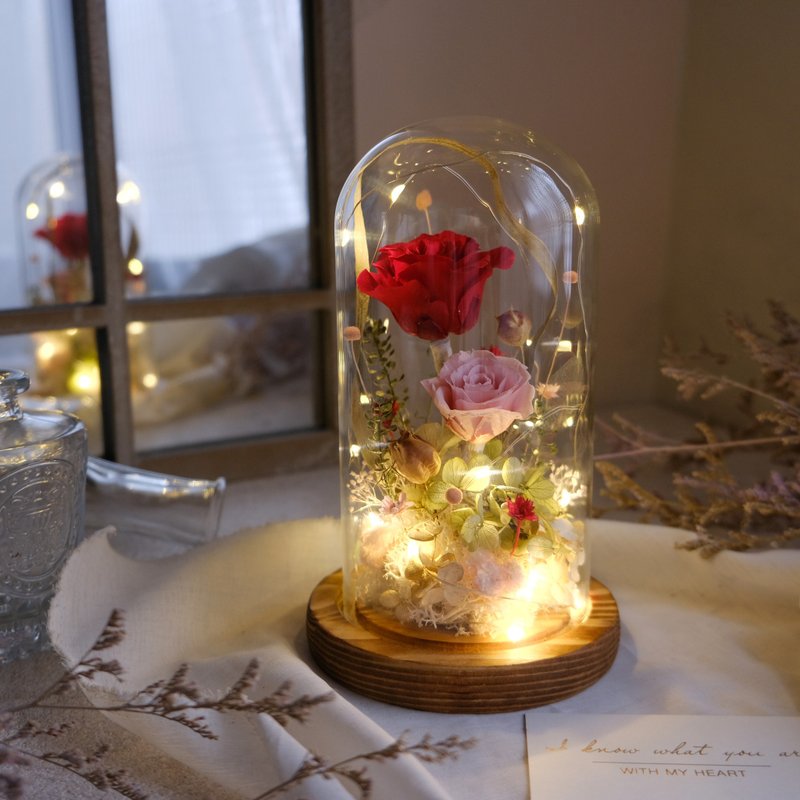 *牵着手*七夕情人节/红粉色/玻璃钟罩(有灯)/告白/结婚周年纪念 - 干燥花/捧花 - 植物．花 红色