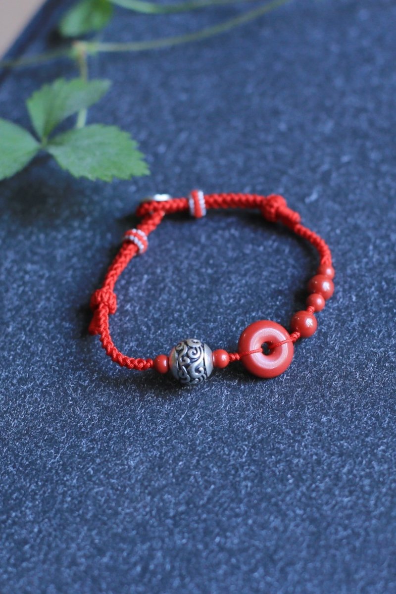 春秋手作绳编 | 高含量帝王砂 平安扣  | 纯银祥云珠 s925福字扣 - 手链/手环 - 纯银 红色