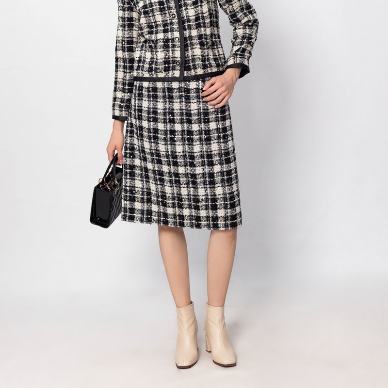 【MEDUSA】名媛黑白格羊毛粗花毛西装裙(M-XL) | 小香风毛裙 - 裙子 - 羊毛 黑色