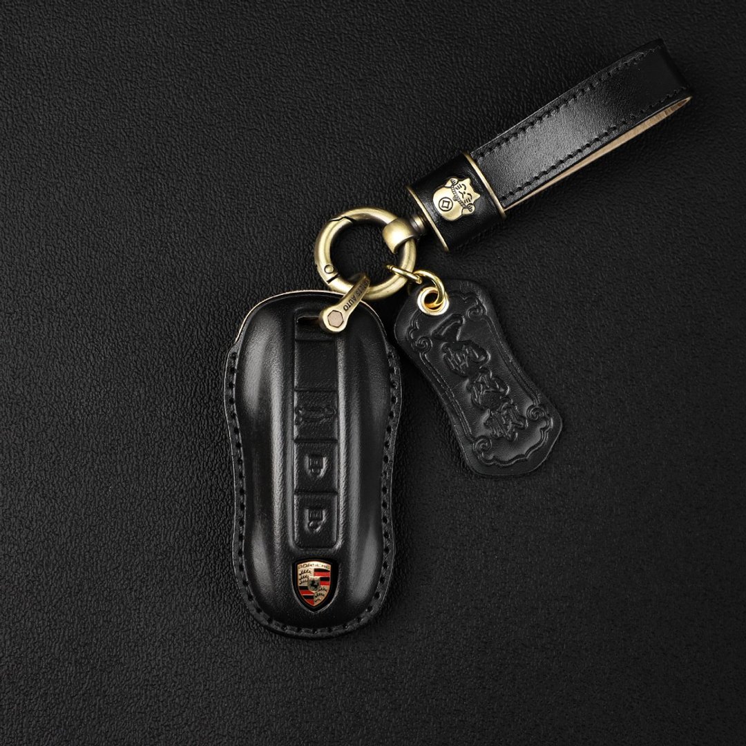 保时捷汽车钥匙皮套 PORSCHE 970 Panamera Macan 意大利植鞣牛皮 - 钥匙链/钥匙包 - 真皮 黑色