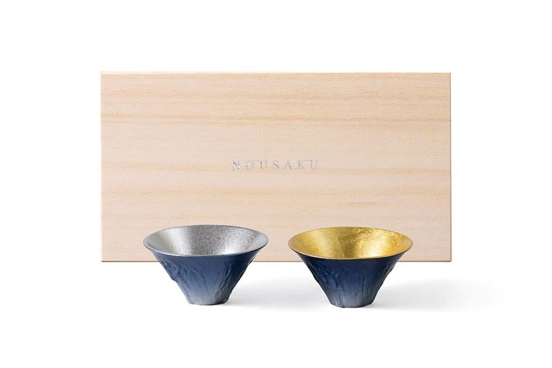 蓝色富士山风情对杯桐木礼盒(金箔・纯锡) - 酒杯/酒器 - 贵金属 多色