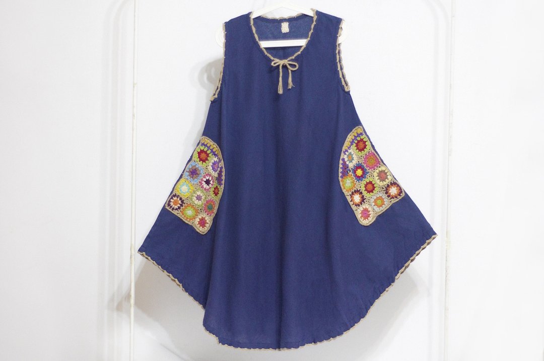 针织编织口袋棉麻洋装/民族风蓝染洋装/花朵洋装/ethnic dress-蓝 - 洋装/连衣裙 - 棉 多色
