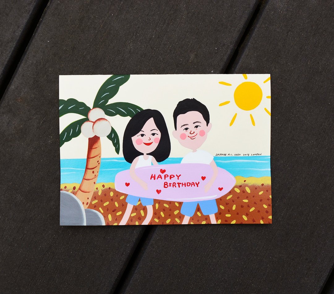 夏天海边风格 定制化情侣画像-2人 生日/全家福/新娘/父亲节/纪念 - 订制画像 - 纸 橘色