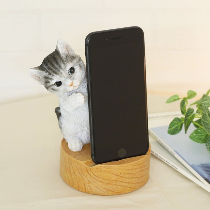 Devalier ca218 [Genuine] Cat Figurine Sabatora Smartphone Stand Resin Gift Cute Birthday Gift - 手机座/防尘塞 - 树脂 灰色