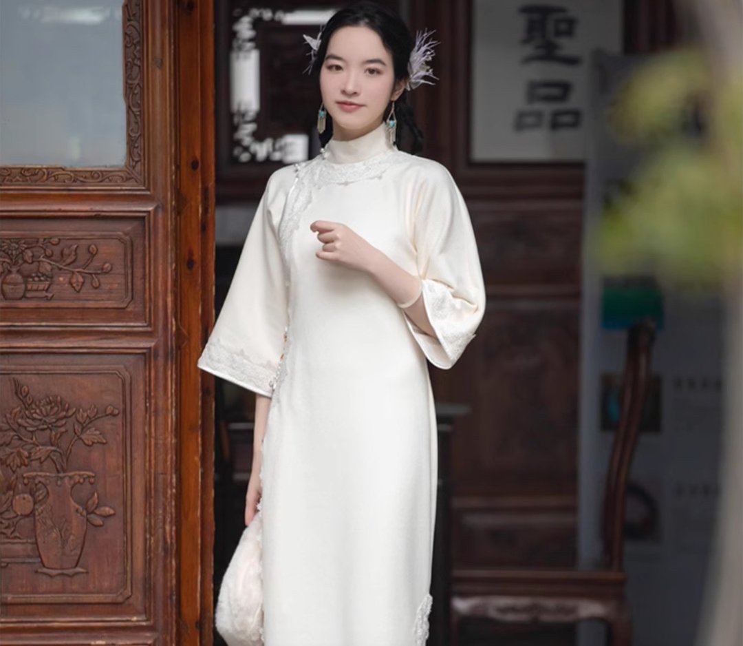 玉尘 新中式復古 绝美针织羊绒古法旗袍 - 旗袍 - 其他材质 白色