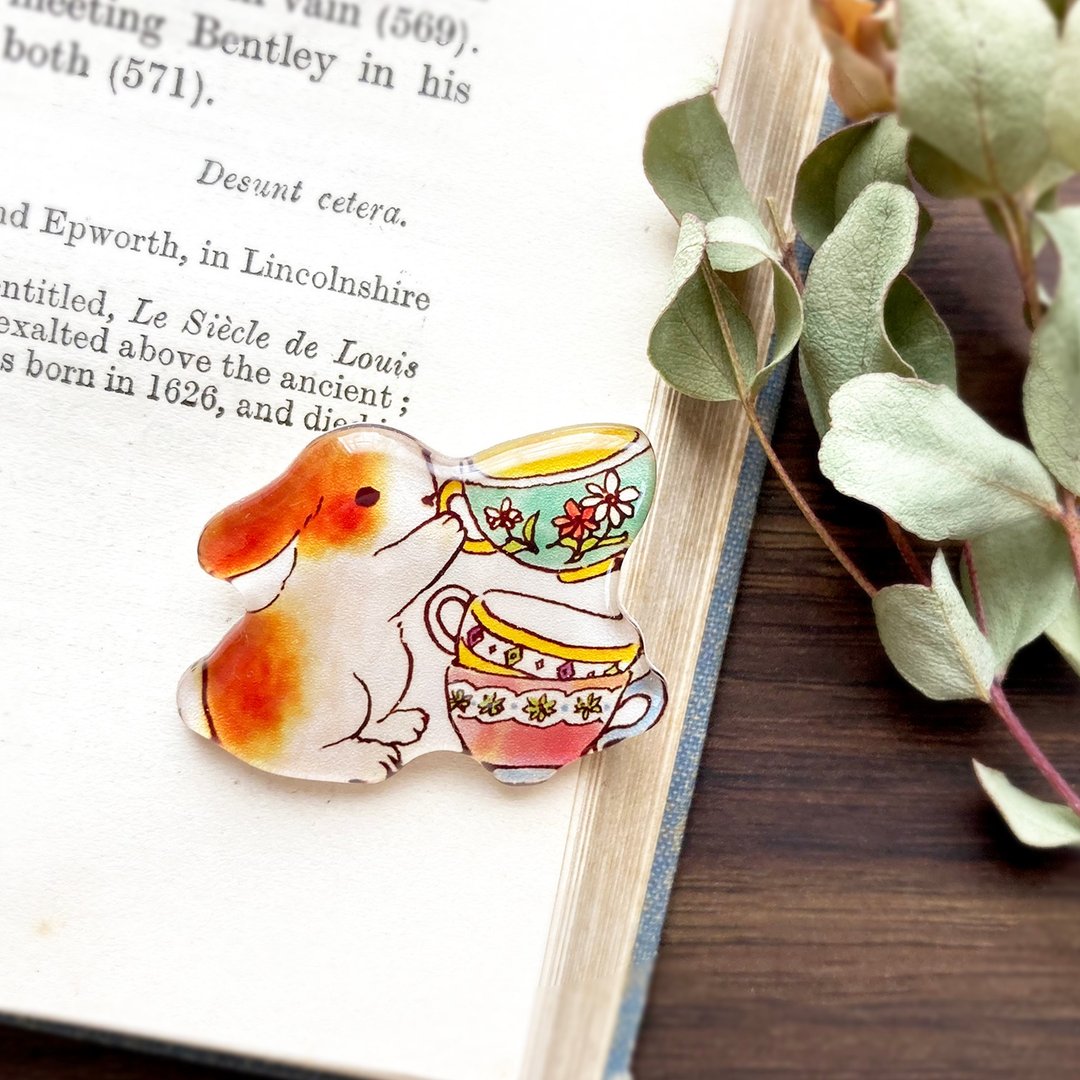 Lop rabbit and teacup brooch - 胸针 - 塑料 多色