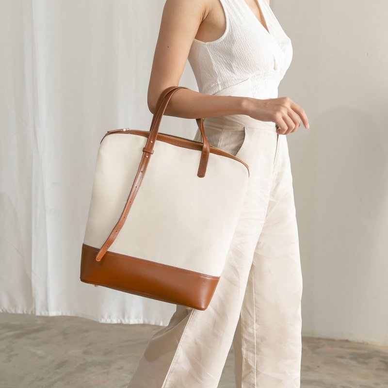 GAMBREL structured leather canvas tote/ laptop bag - off-white/ tan - 电脑包 - 真皮 白色