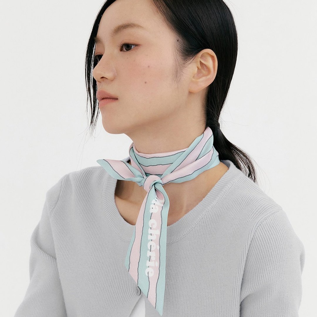 【Ven & Qu】Ma Chérie 粉绿条纹丝巾 6×110 cm - 丝巾 - 丝．绢 粉红色