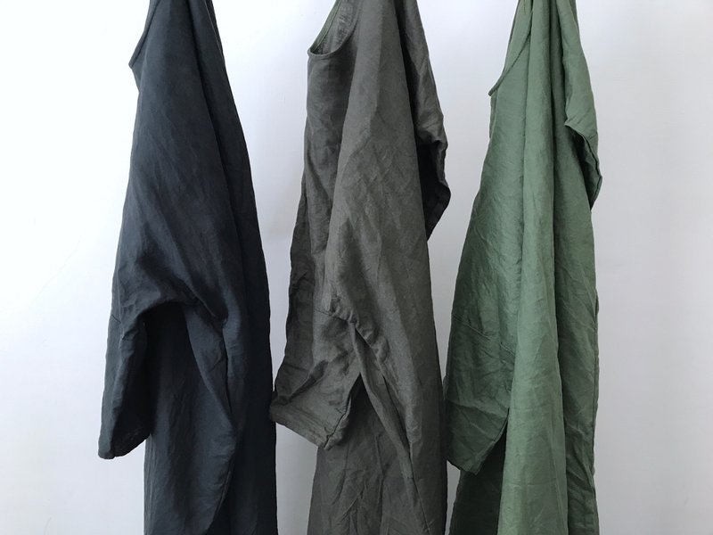 麻料落肩长洋装-八分袖 - 女装上衣 - 棉．麻 