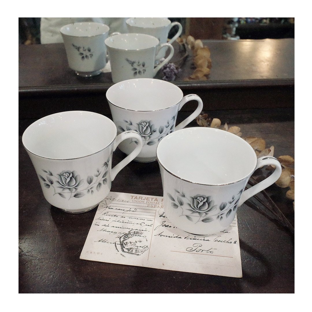 日本老件.SEYEI 瓷器。黑白玫瑰银边咖啡杯.白瓷。骨瓷.单入#收藏品 - 其他杯子 - 瓷 