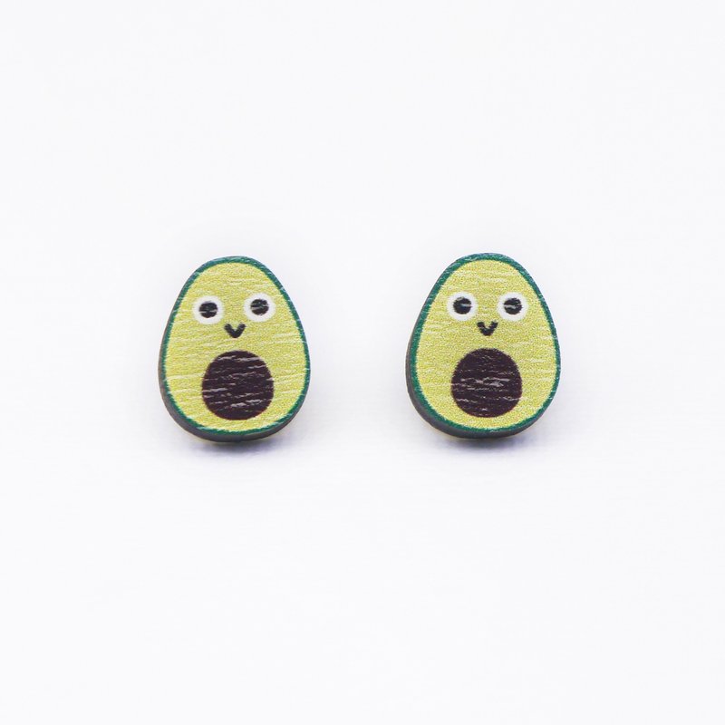 Happy Avocado 快乐牛油果木制耳环 原创插画耳环 耳针无耳洞耳夹 - 耳环/耳夹 - 木头 黄色
