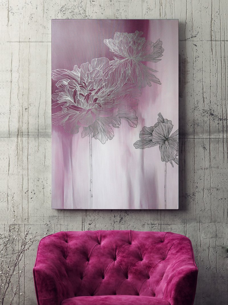 墙面装饰银粉红 |银花朵绘画 | 粉红色艺术 | 粉红色薄款 2 - 墙贴/壁贴 - 棉．麻 粉红色
