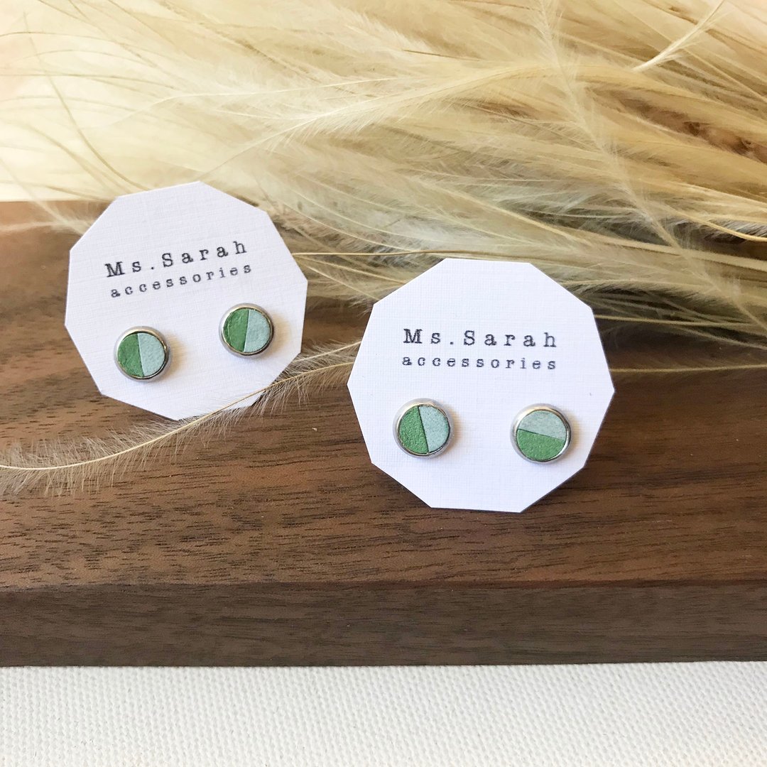 皮革耳环_圆框3号作品#6_苹果绿搭薄荷绿(可改夹) - 耳环/耳夹 - 真皮 红色