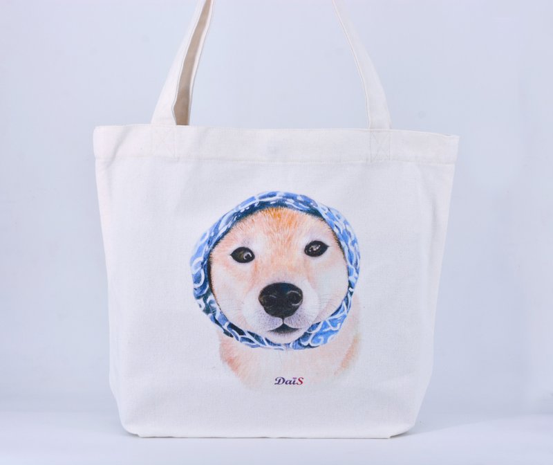 猫咪柴犬  大手提环保帆布袋 - 手提包/手提袋 - 棉．麻 白色