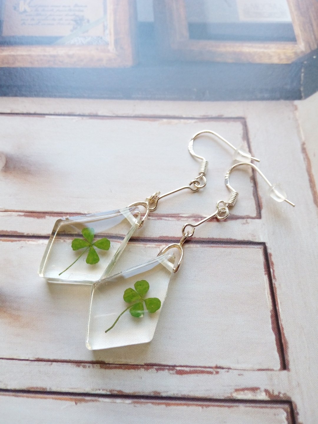 Annys workshop手作押花饰品,押花耳环,我的幸运草耳环 - 耳环/耳夹 - 其他材质 绿色