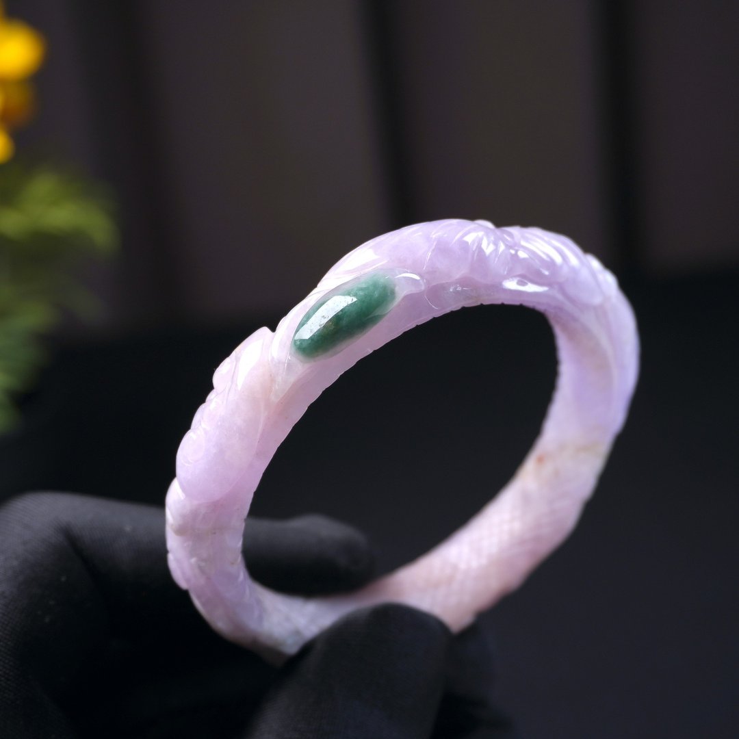 紫罗兰飘花翡翠雕花镯手镯 | 17.5围 | 天然缅甸玉翡翠A货 | 送礼 - 手链/手环 - 玉石 多色