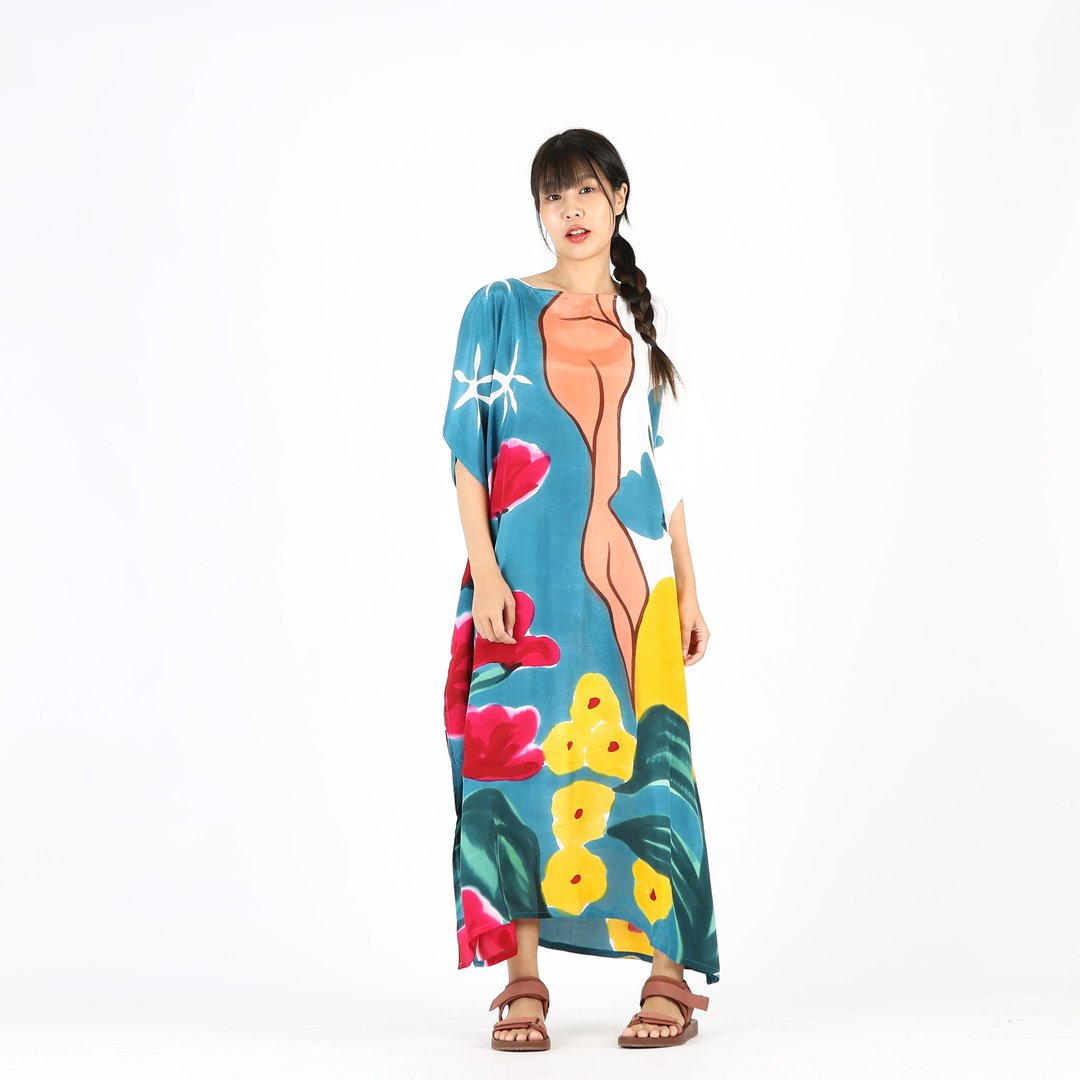 Hand Painted Cotton Silk Kaftan for Summer Resort Vacation - 洋装/连衣裙 - 棉．麻 多色