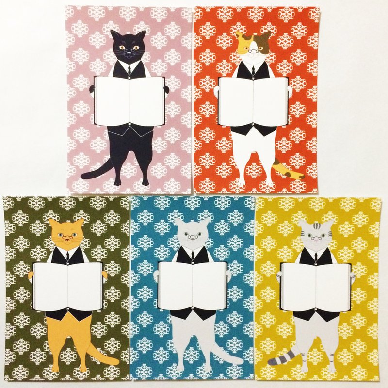 书痴猫 明信片B 五入组 书籍 冬季 黑猫 白猫 玳瑁猫 俄罗斯蓝猫 猫咪 猫 眼镜 圣诞节 - 卡片/明信片 - 纸 红色