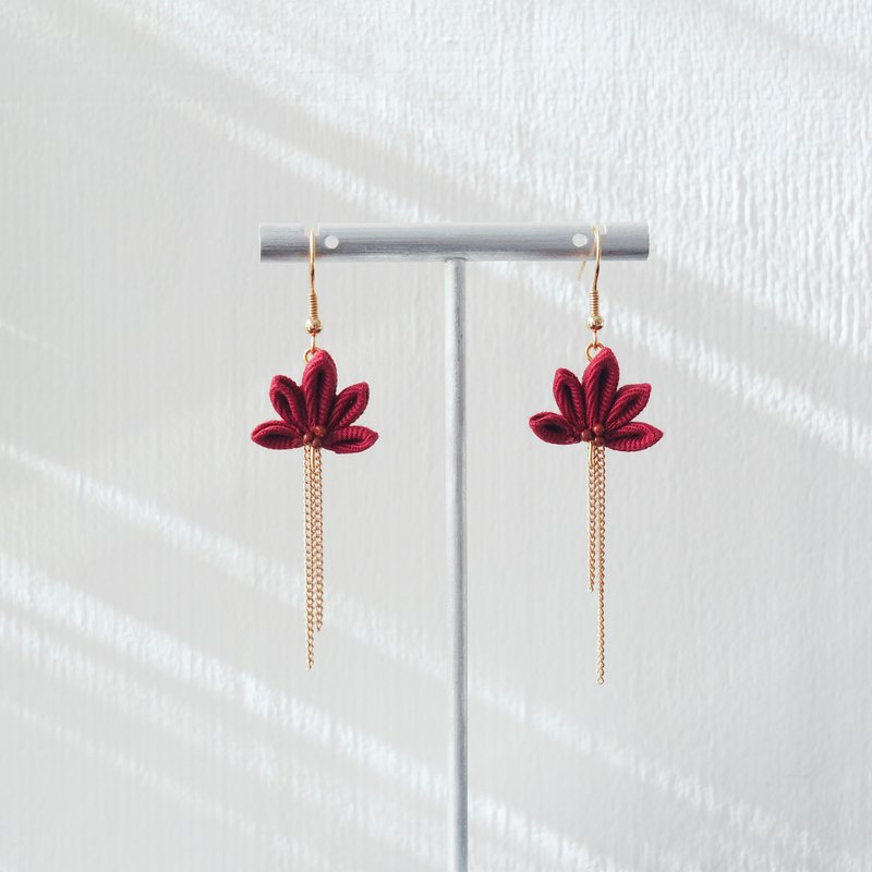 不枯酒红色红叶,枫叶定制耳环耳夹 14kgf 925 つまみ细工 - 耳环/耳夹 - 棉．麻 红色