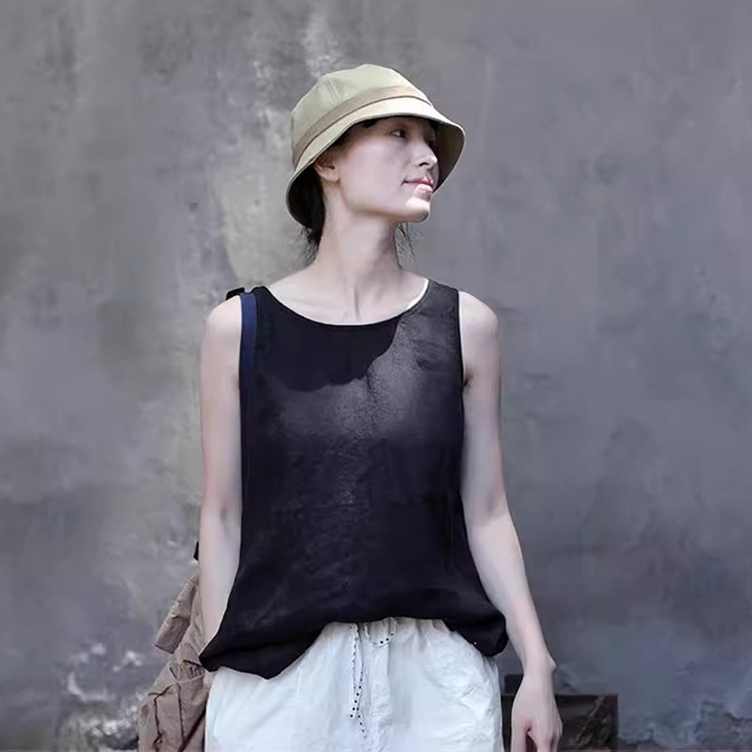 亚麻圆领中长款黑色麻质背心 - 女装背心 - 棉 