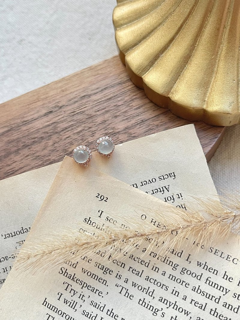 高冰蛋面玫瑰金翡翠14k包金耳环  |天然缅甸翡翠 - 耳环/耳夹 - 玉石 金色