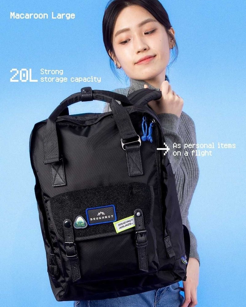 【DOUGHNUT】15寸 防泼水 大后背包 马卡龙 水壶格 多格层-黑 DNA - 后背包/双肩包 - 尼龙 黑色
