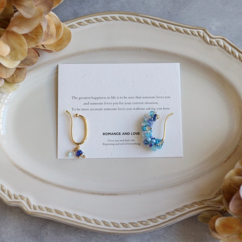 【有无耳洞皆可】无痕耳挂  日本进口御幸珠子不对称组合耳环 - 耳环/耳夹 - 琉璃 蓝色