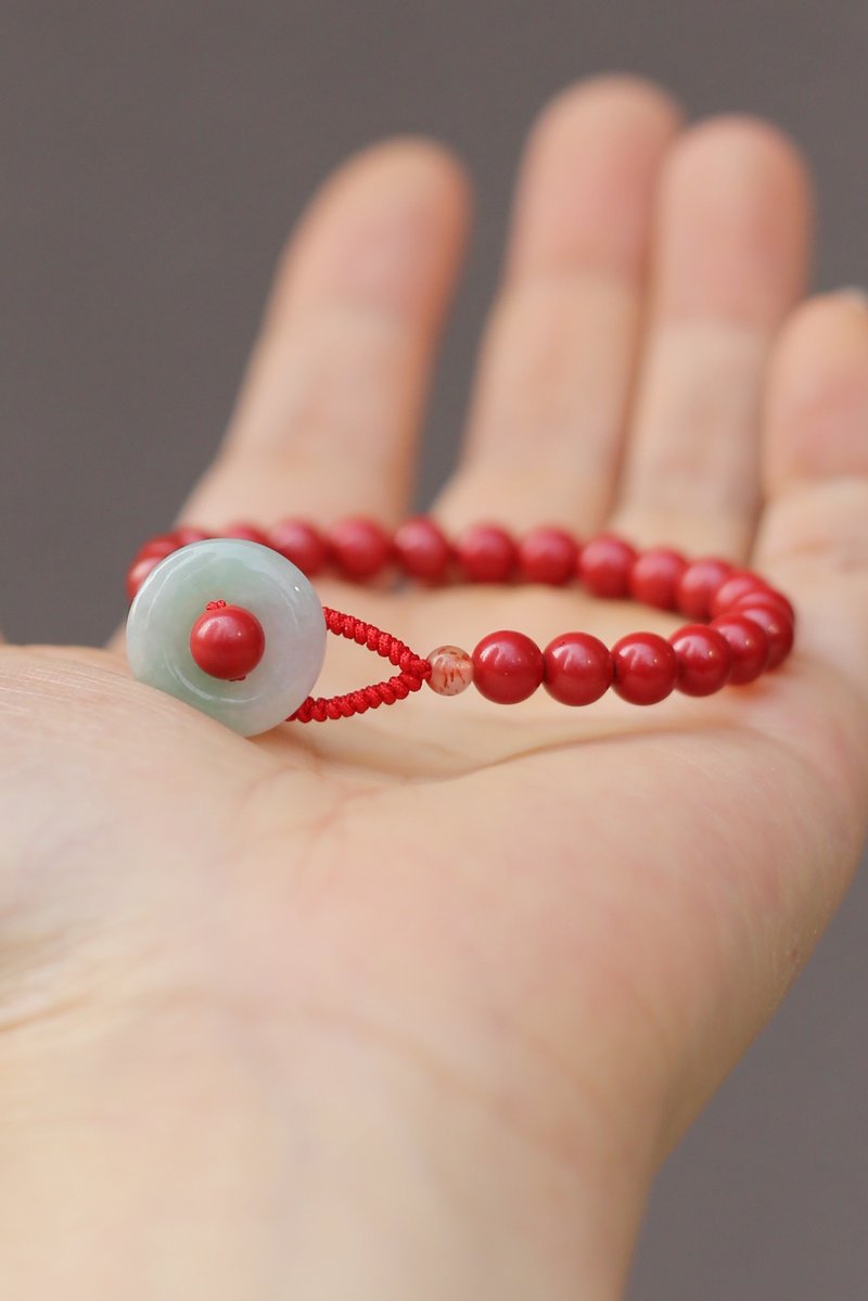 春秋手作 | 翡翠平安扣 高含量帝王砂 | 一物一图 新年礼物 - 手链/手环 - 半宝石 红色