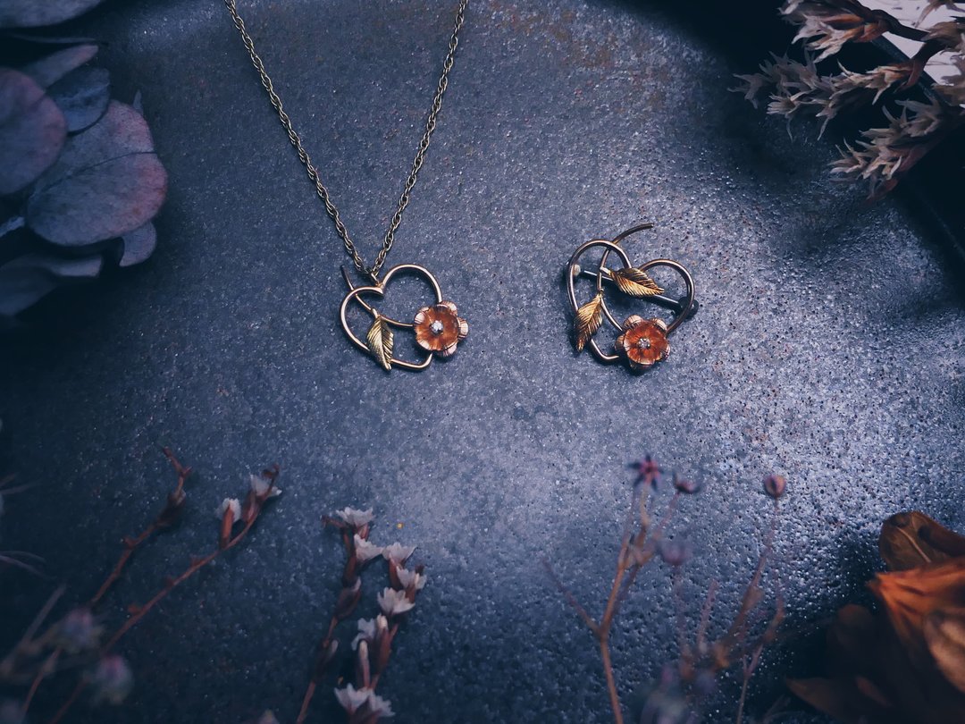 Krementz 双色玫瑰爱心真钻项链・美国古董首饰 Vintage Jewelry - 项链 - 钻石 