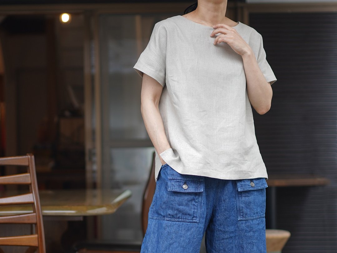 wafu - 亞麻T恤 Midweight Linen Crew Neck Tee / Flax Beige t001f-amn2 - 女装 T 恤 - 棉 卡其色