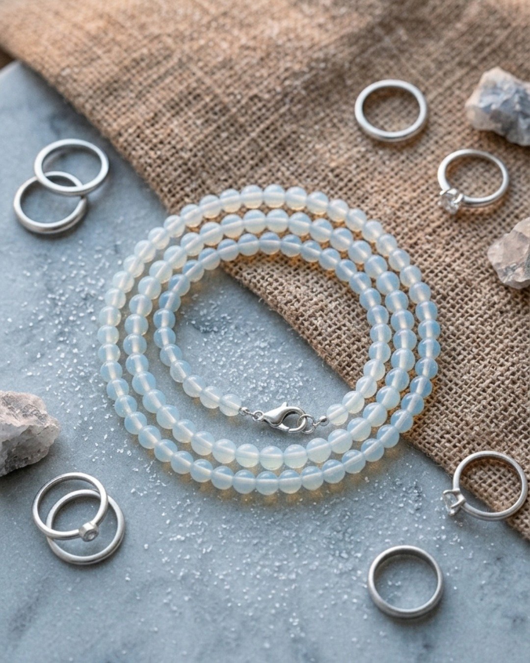 欧泊石 (Opalite) 6mm 串珠项链，四月诞生石，14 周年纪念礼物 - 项链 - 其他材质 蓝色