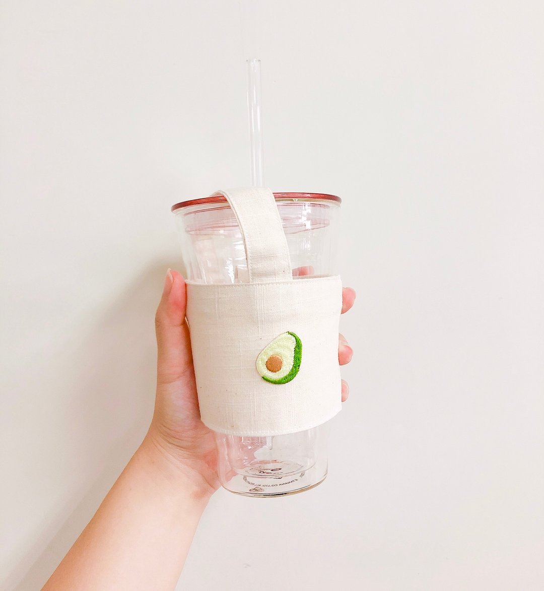【小熊比比】酪梨刺绣米白饮料提袋 - 随行杯提袋/水壶袋 - 棉 白色