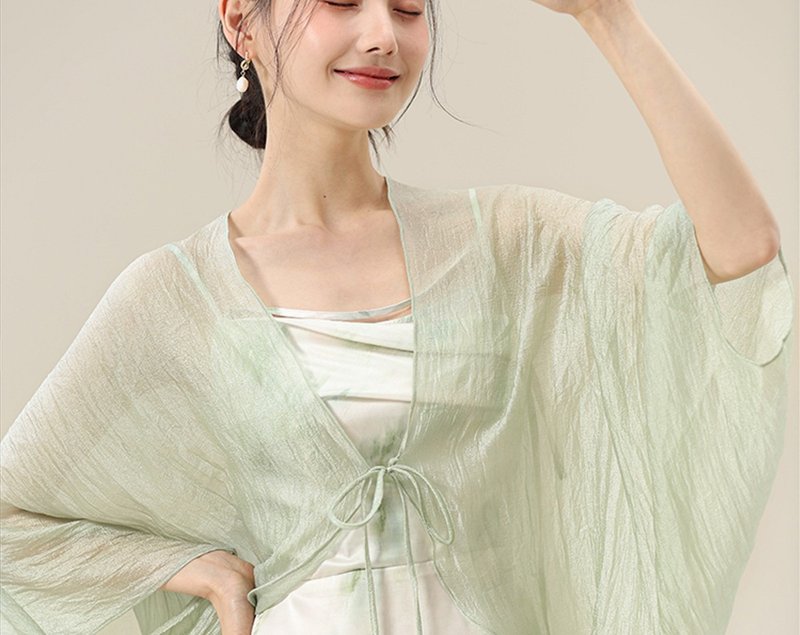 新中式复古中國風 仙气薄网纱 外披/吊帶裙 - 洋装/连衣裙 - 其他材质 绿色