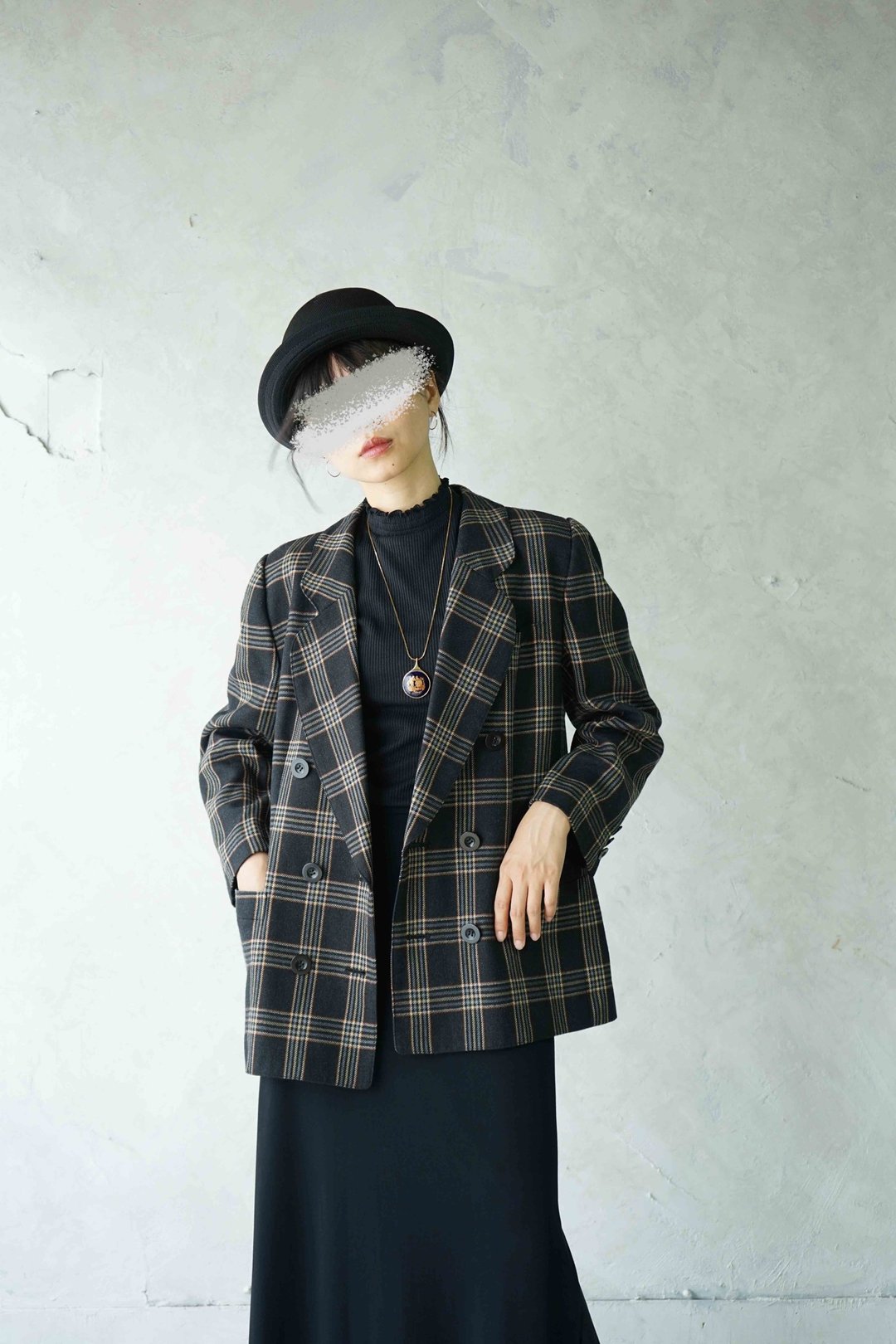 寻宝古着-Leilian英伦黑色格纹毛料双排扣西装外套 - 女装西装外套/风衣 - 羊毛 黑色