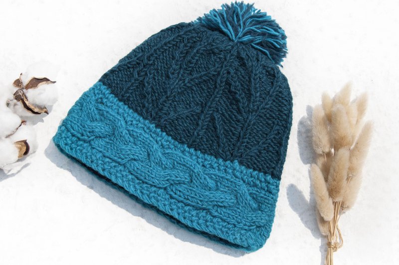 登山帽 露营帽 旅行帽 雪花帽 撞色毛线帽  圣诞礼物 手工编织纯羊毛帽/编织帽/针织毛帽/内刷毛手织毛帽/毛线帽-海洋 - 帽子 - 羊毛 多色